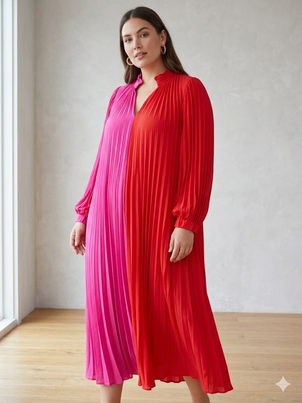 CROSBY by Mollie Burch Vibrant Two-Tone Pink and Red Pleated Midi “Leah” Dress